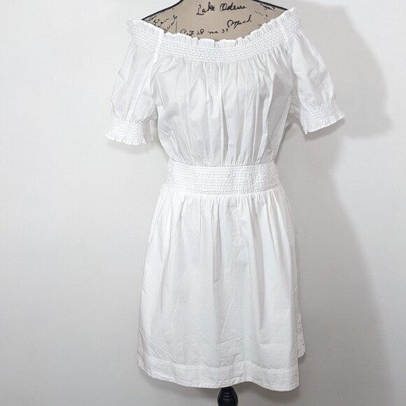 NWT J Crew S Dress White Smocked Puff-Sleeve Cotton Poplin Pockets A-Line AY883 - Picture 1 of 12
